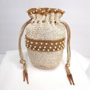 Vintage Pearl Beaded Crochet Drawstring Potli Bag Cream Gold Evening Purse 40s